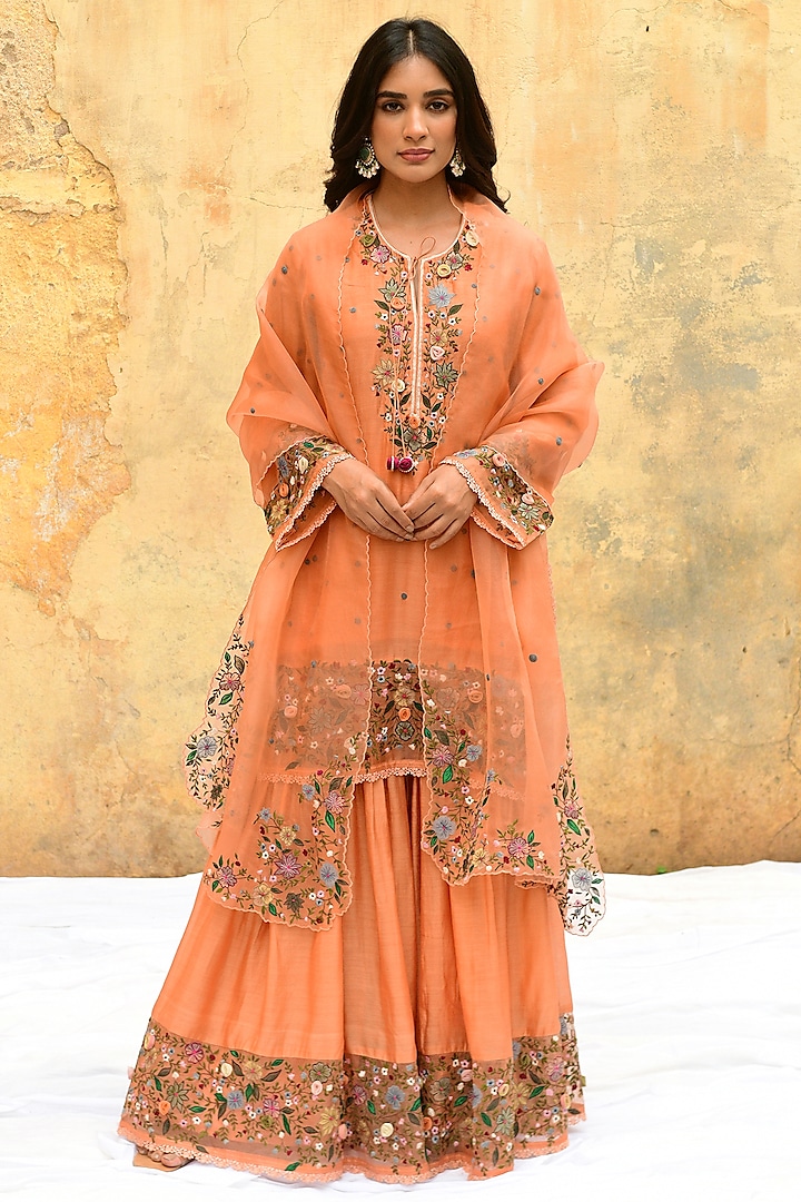 Peach Banarasi Silk Embroidered Sharara Set by Niti Bothra