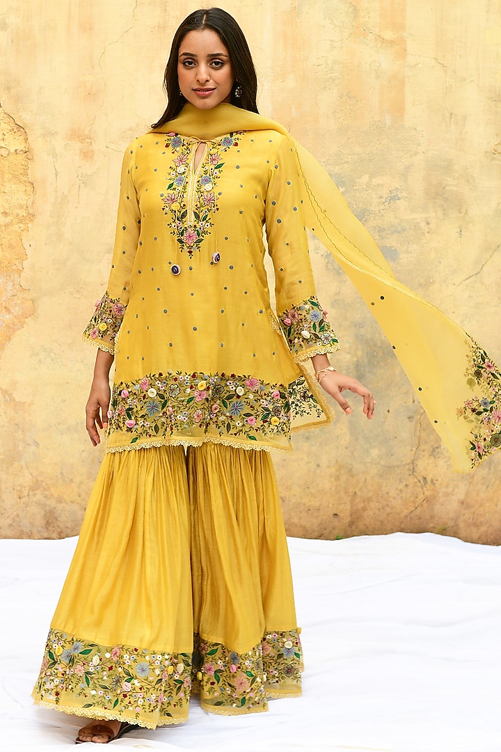 Yellow Banarasi Silk Embroidered Sharara Set by Niti Bothra