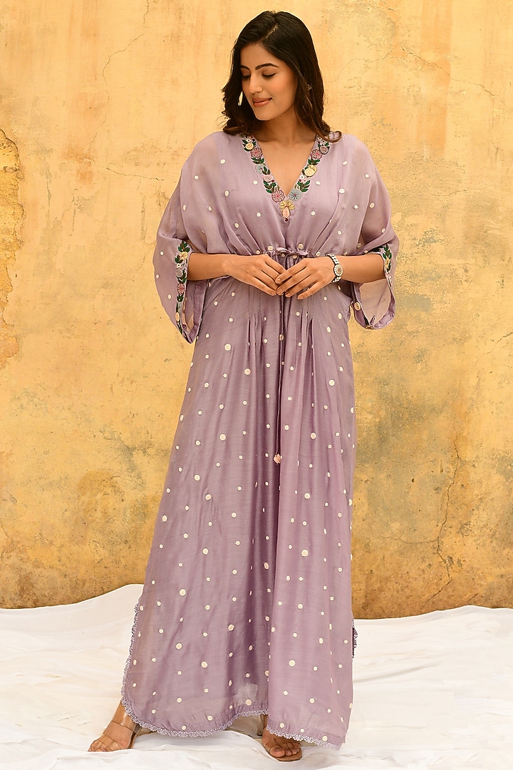 Lilac Banarasi Silk Embroidered Kaftan by Niti Bothra at Pernia's Pop Up Shop