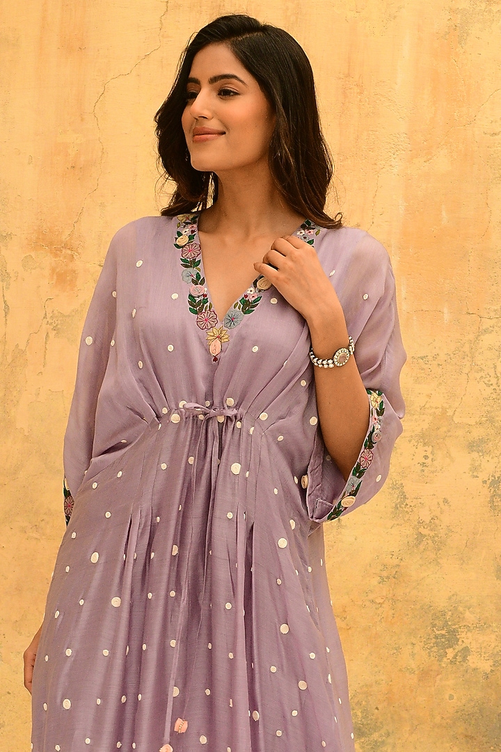 Lilac Banarasi Silk Embroidered Kaftan by Niti Bothra at Pernia's Pop Up Shop