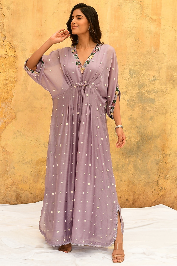 Lilac Banarasi Silk Embroidered Kaftan by Niti Bothra at Pernia's Pop Up Shop