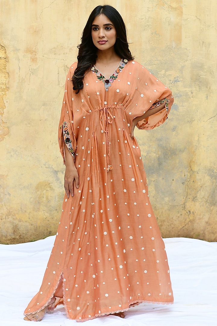 Peach Banarasi Silk Embroidered Kaftan by Niti Bothra