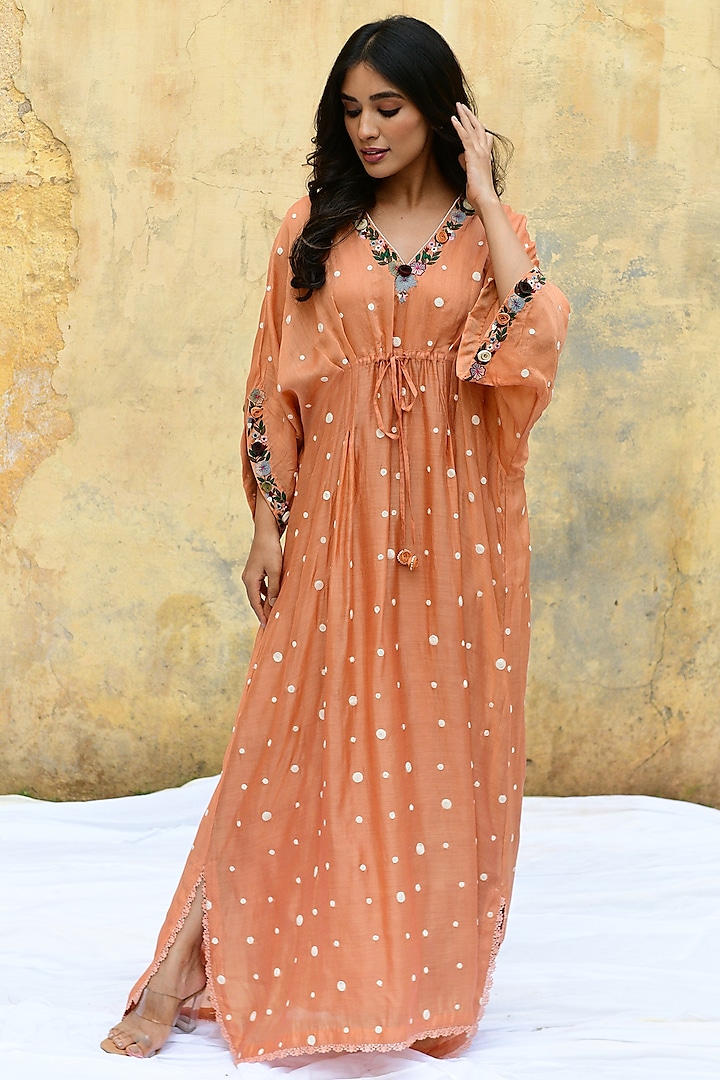 Peach Banarasi Silk Embroidered Kaftan by Niti Bothra at Pernia's Pop Up Shop