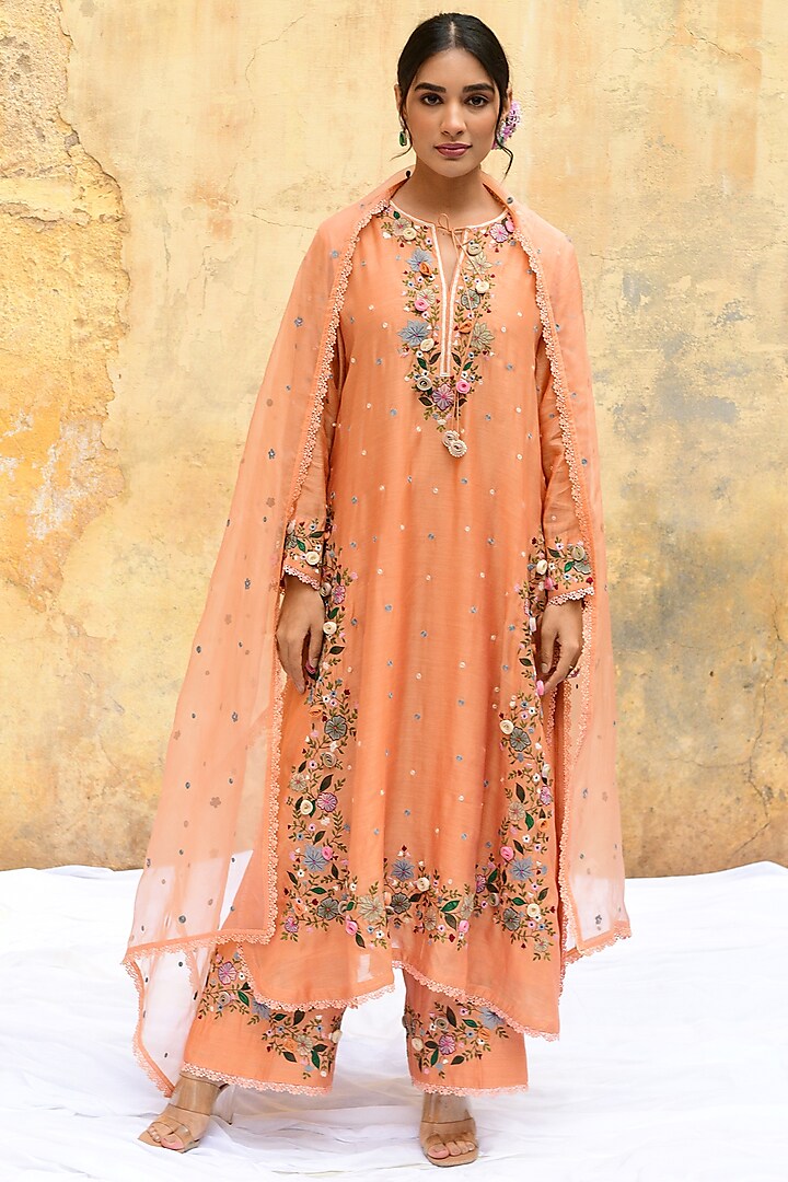Peach Banarasi Silk Embroidered Kurta Set by Niti Bothra