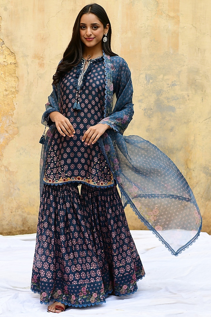 Blue Banarasi Silk Embroidered Sharara Set by Niti Bothra