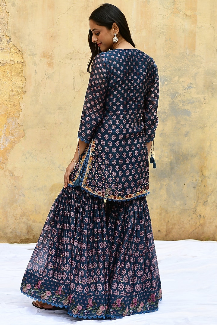 Blue Banarasi Silk Embroidered Wedding Sharara Set by Niti Bothra at Pernia's Pop Up Shop