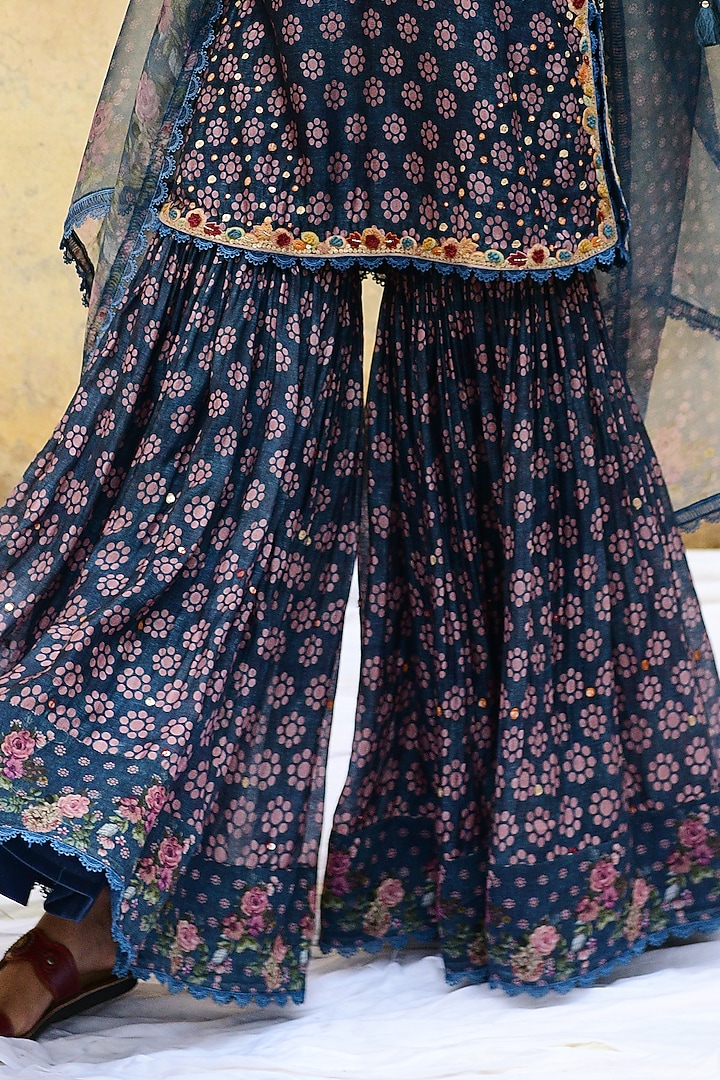 Blue Banarasi Silk Embroidered Wedding Sharara Set by Niti Bothra at Pernia's Pop Up Shop