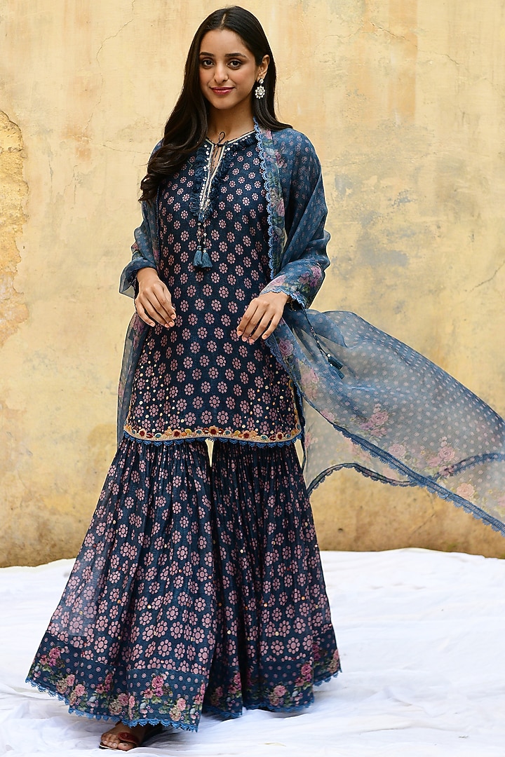 Blue Banarasi Silk Embroidered Wedding Sharara Set by Niti Bothra at Pernia's Pop Up Shop