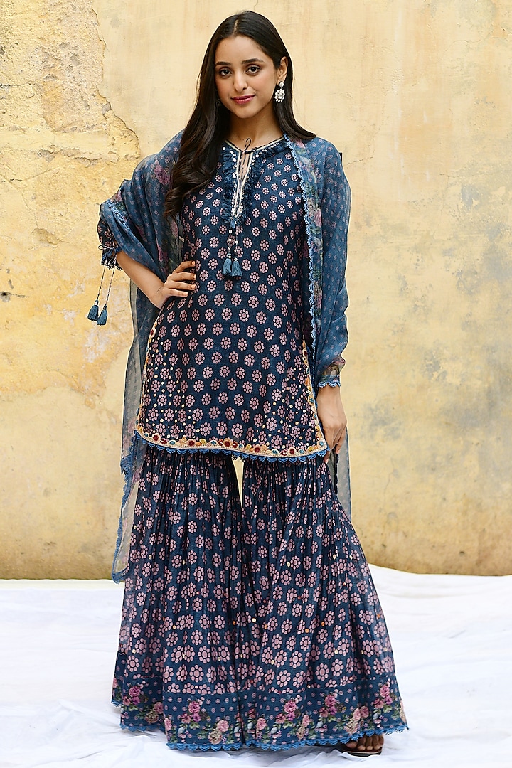 Blue Banarasi Silk Embroidered Wedding Sharara Set by Niti Bothra at Pernia's Pop Up Shop