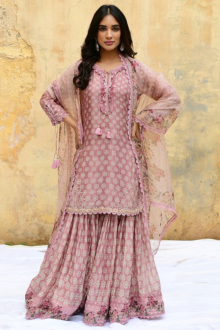 Pink Banarasi Silk Embroidered Sharara Set by Niti Bothra