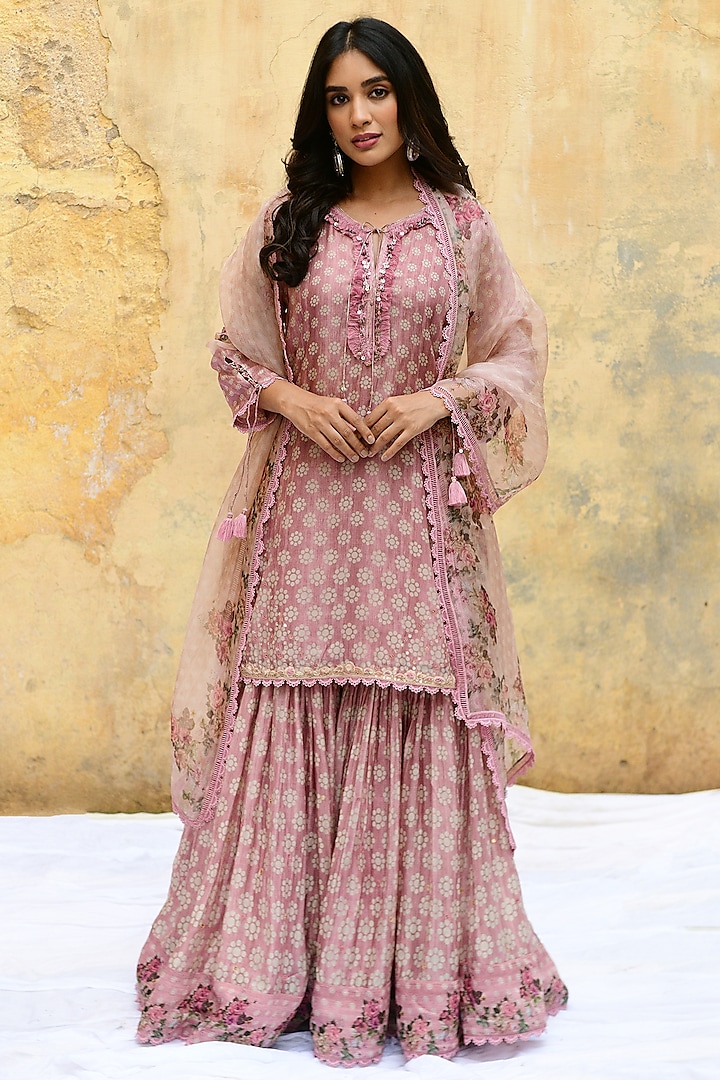 Pink Banarasi Silk Embroidered Wedding Sharara Set by Niti Bothra at Pernia's Pop Up Shop