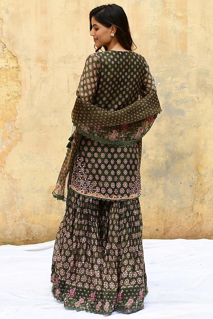 Green Banarasi Silk Embroidered Wedding Sharara Set by Niti Bothra at Pernia's Pop Up Shop