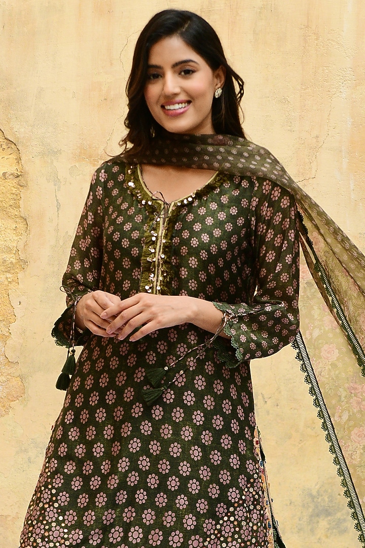 Green Banarasi Silk Embroidered Wedding Sharara Set by Niti Bothra at Pernia's Pop Up Shop