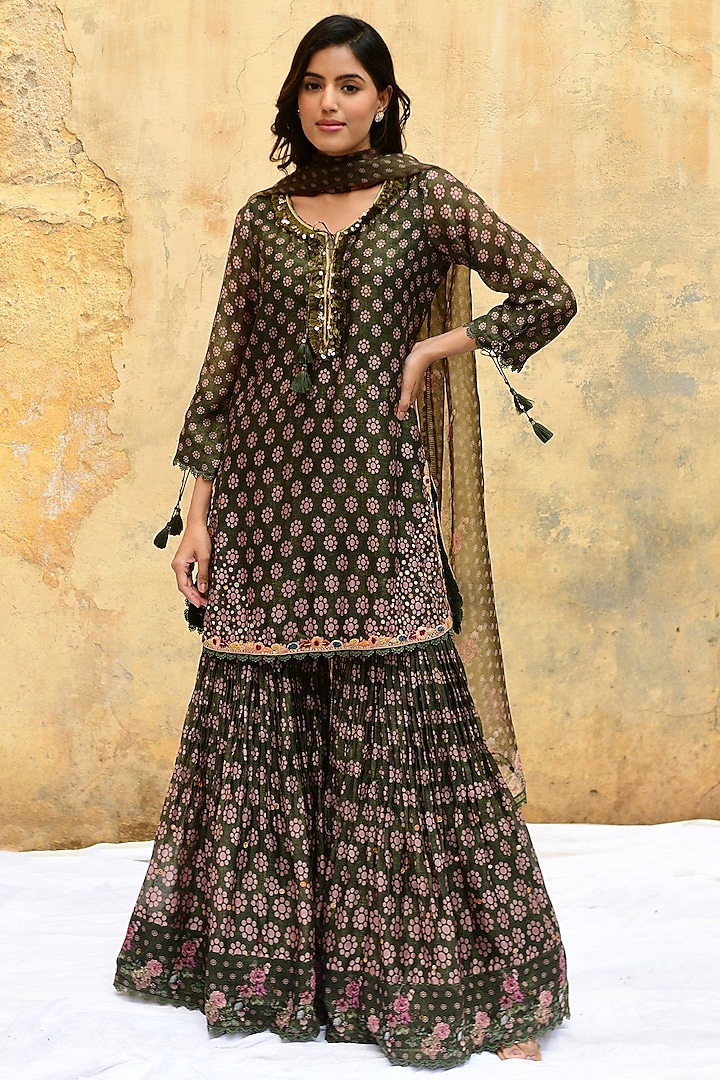 Green Banarasi Silk Embroidered Sharara Set by Niti Bothra