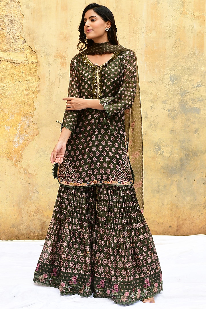 Green Banarasi Silk Embroidered Wedding Sharara Set by Niti Bothra at Pernia's Pop Up Shop