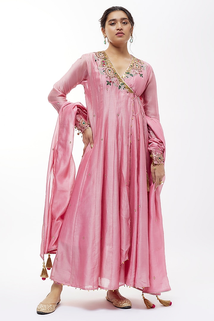 Pink Silk Resham Embroidered Angrakha Kurta Set by Niti Bothra at Pernia's Pop Up Shop