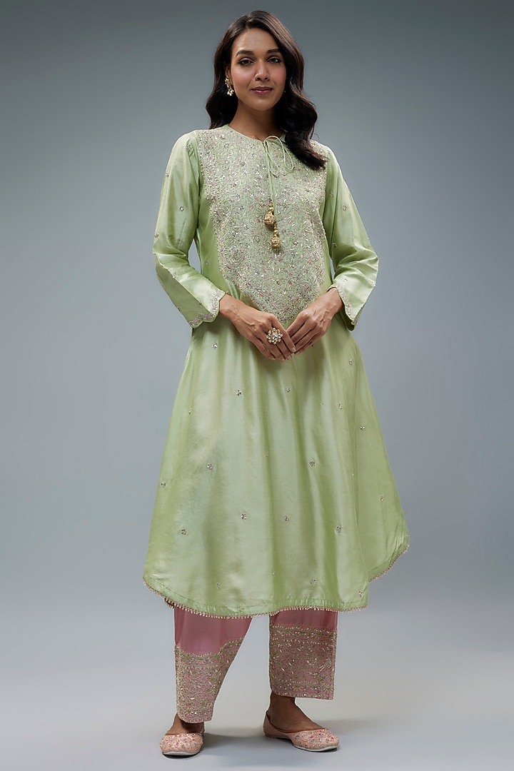 Pastel Green Silk Zari Embroidered Kurta Set by Niti Bothra at Pernia's Pop Up Shop