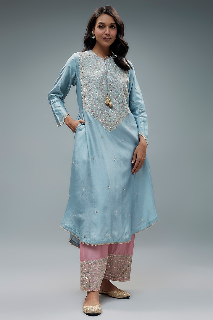 Powder Blue Silk Zari Embroidered Kurta Set by Niti Bothra at Pernia's Pop Up Shop