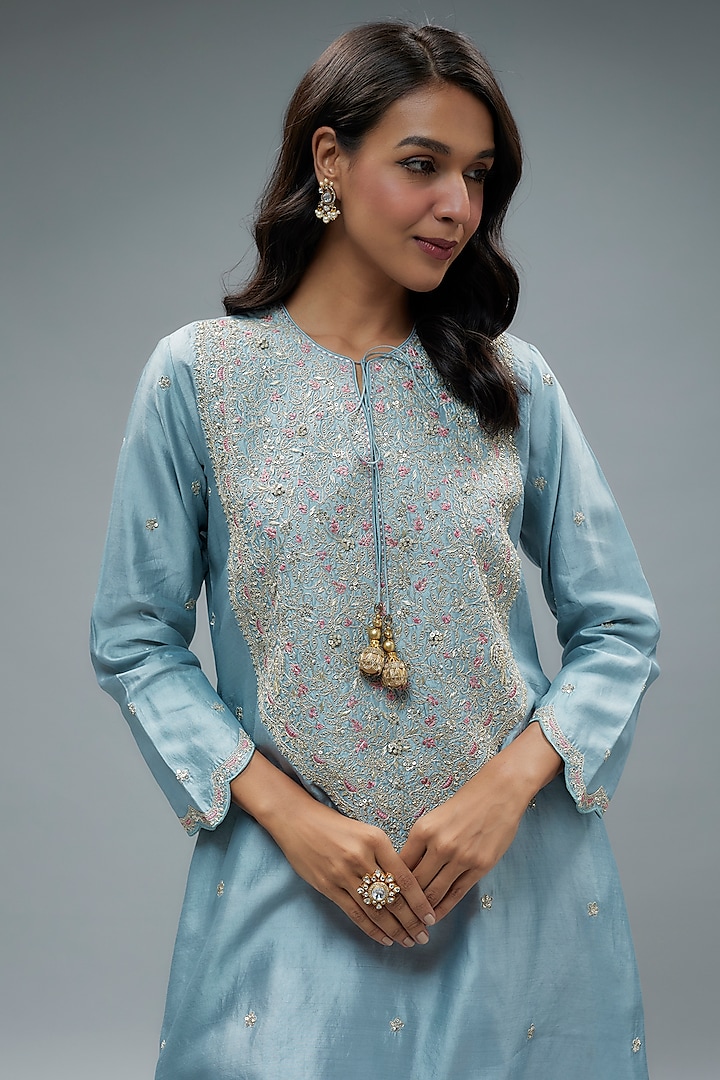 Powder Blue Silk Zari Embroidered Kurta Set by Niti Bothra at Pernia's Pop Up Shop