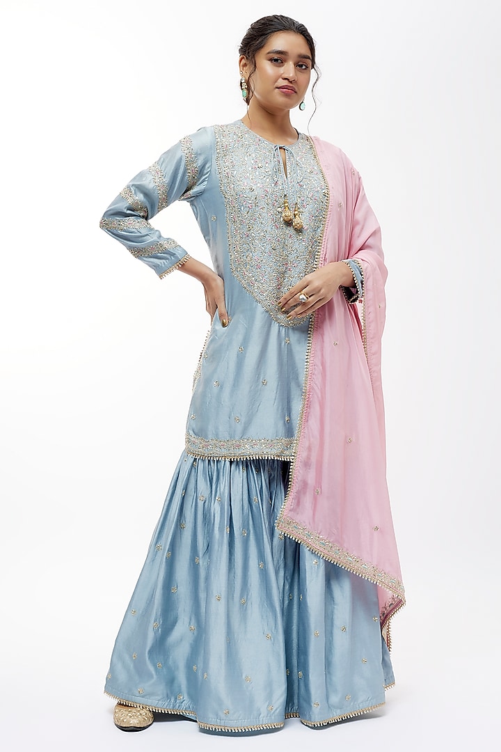 Powder Blue Silk Sharara Set by Niti Bothra at Pernia's Pop Up Shop