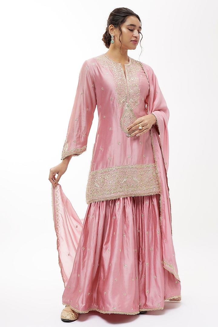 Pink Silk Boota Embroidered Wedding Sharara Set by Niti Bothra at Pernia's Pop Up Shop