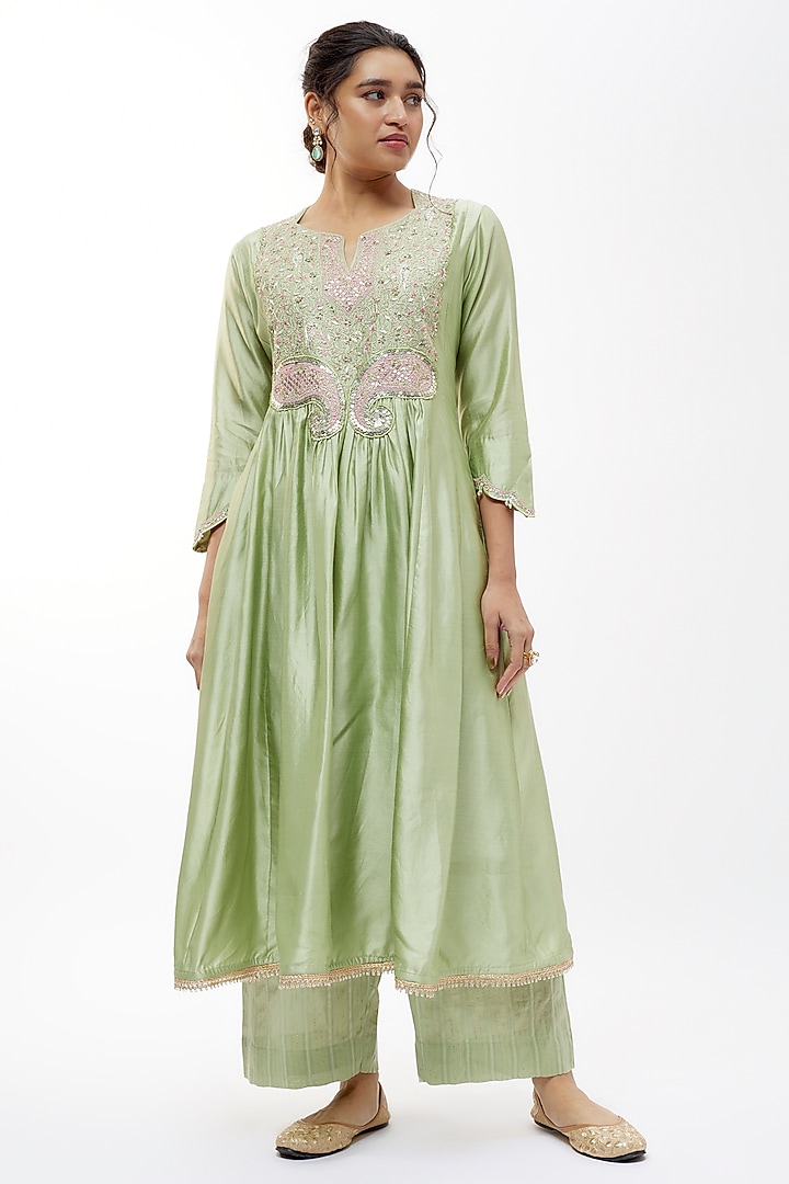Mint Green Silk Zari Dori Embroidered Kurta Set by Niti Bothra at Pernia's Pop Up Shop