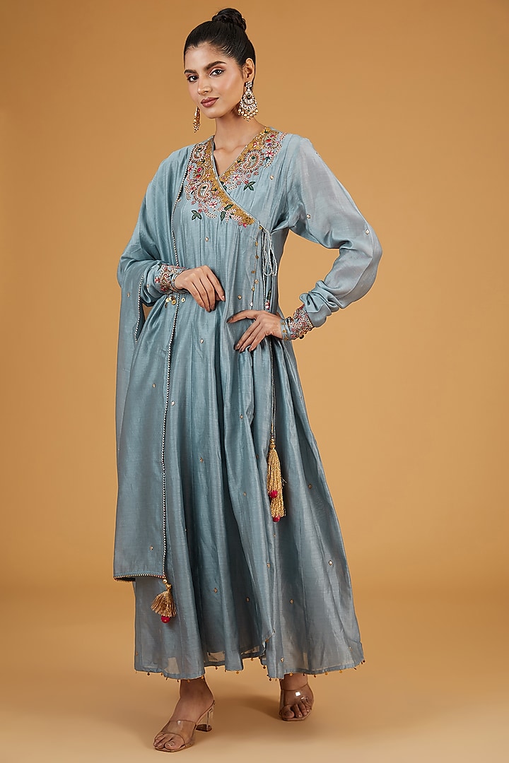 Blue Silk Resham Embroidered Angrakha Kurta Set by Niti Bothra at Pernia's Pop Up Shop