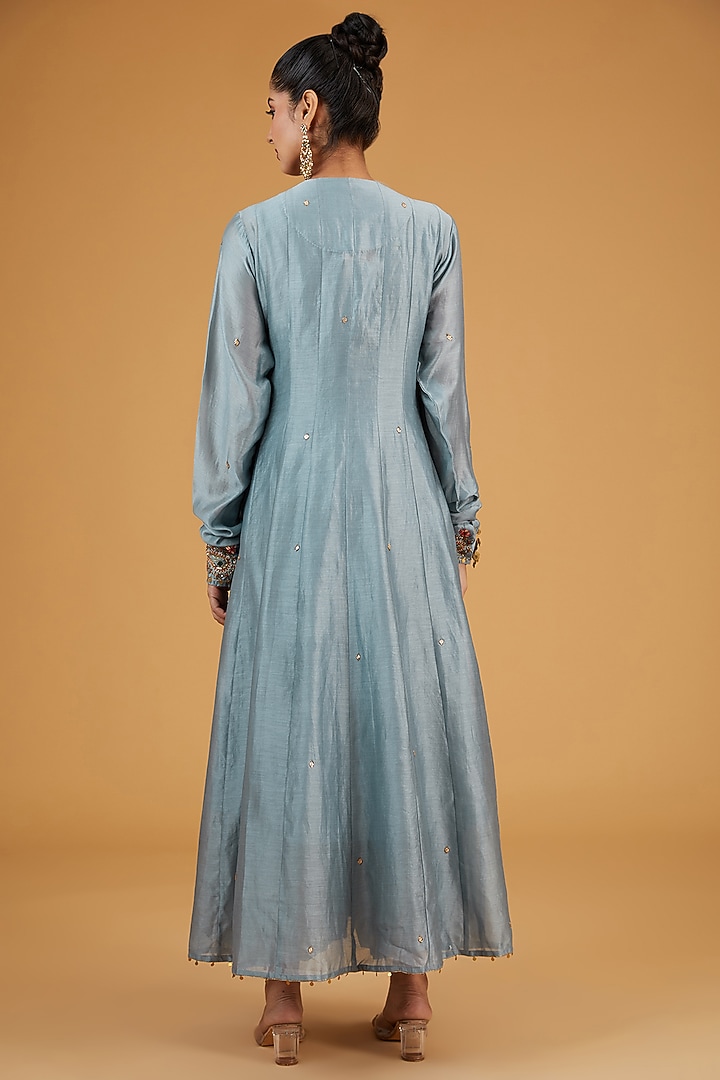 Blue Silk Resham Embroidered Angrakha Kurta Set by Niti Bothra at Pernia's Pop Up Shop