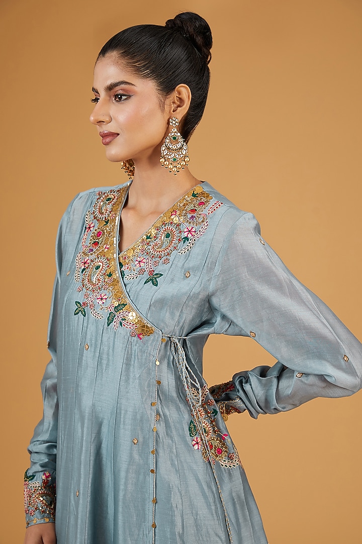 Blue Silk Resham Embroidered Angrakha Kurta Set by Niti Bothra at Pernia's Pop Up Shop