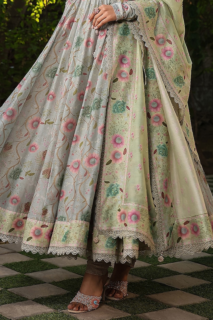 Blue Silk Chanderi Printed & Embroidered Wedding Anarkali Set by Niti Bothra at Pernia's Pop Up Shop
