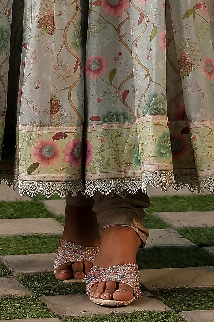 Blue Silk Chanderi Printed & Embroidered Wedding Anarkali Set by Niti Bothra at Pernia's Pop Up Shop
