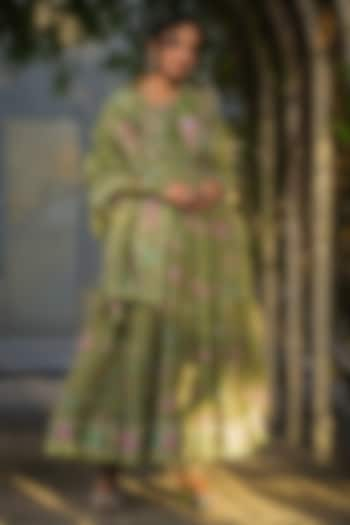 Dark Green Silk Chanderi Printed & Embroidered Anarkali Set by Niti Bothra