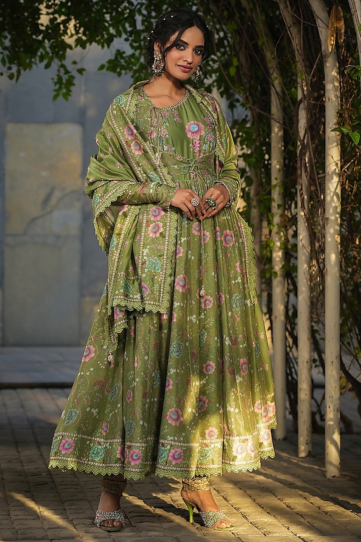 Dark Green Silk Chanderi Printed & Embroidered Anarkali Set by Niti Bothra