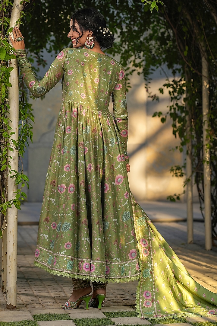 Dark Green Silk Chanderi Printed & Embroidered Wedding Anarkali Set by Niti Bothra at Pernia's Pop Up Shop