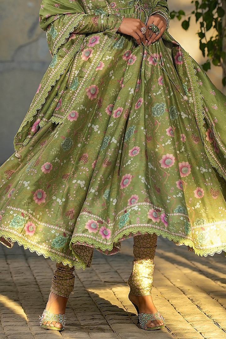 Dark Green Silk Chanderi Printed & Embroidered Wedding Anarkali Set by Niti Bothra at Pernia's Pop Up Shop