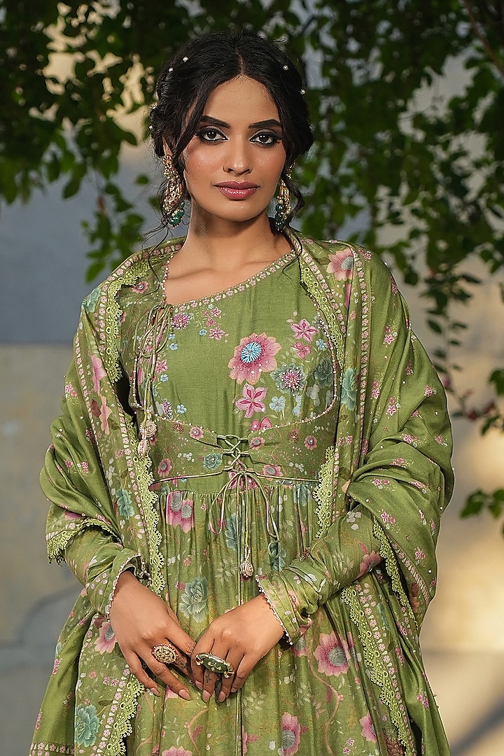 Dark Green Silk Chanderi Printed & Embroidered Wedding Anarkali Set by Niti Bothra at Pernia's Pop Up Shop