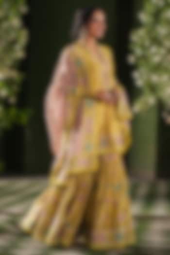 Yellow Silk Chanderi Printed & Embroidered Wedding Sharara Set by Niti Bothra at Pernia's Pop Up Shop