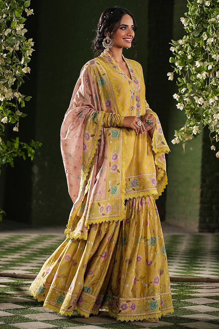 Yellow Silk Chanderi Printed & Embroidered Wedding Sharara Set by Niti Bothra at Pernia's Pop Up Shop