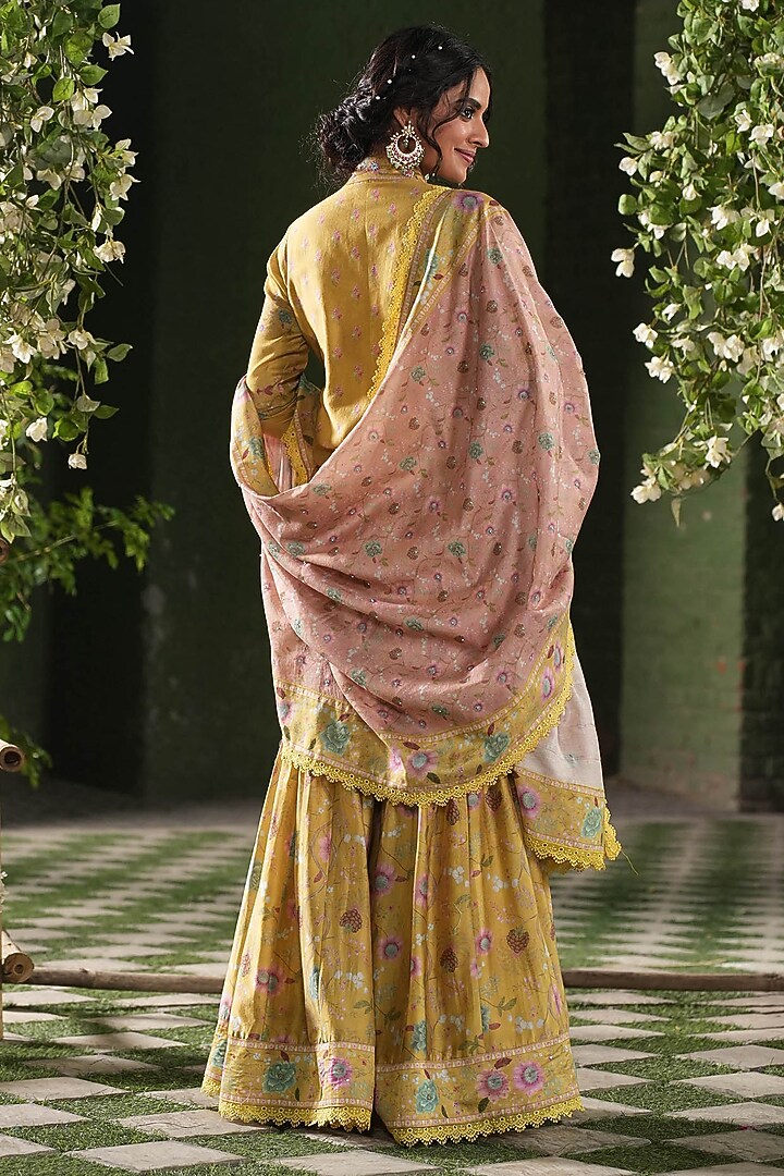 Yellow Silk Chanderi Printed & Embroidered Wedding Sharara Set by Niti Bothra at Pernia's Pop Up Shop