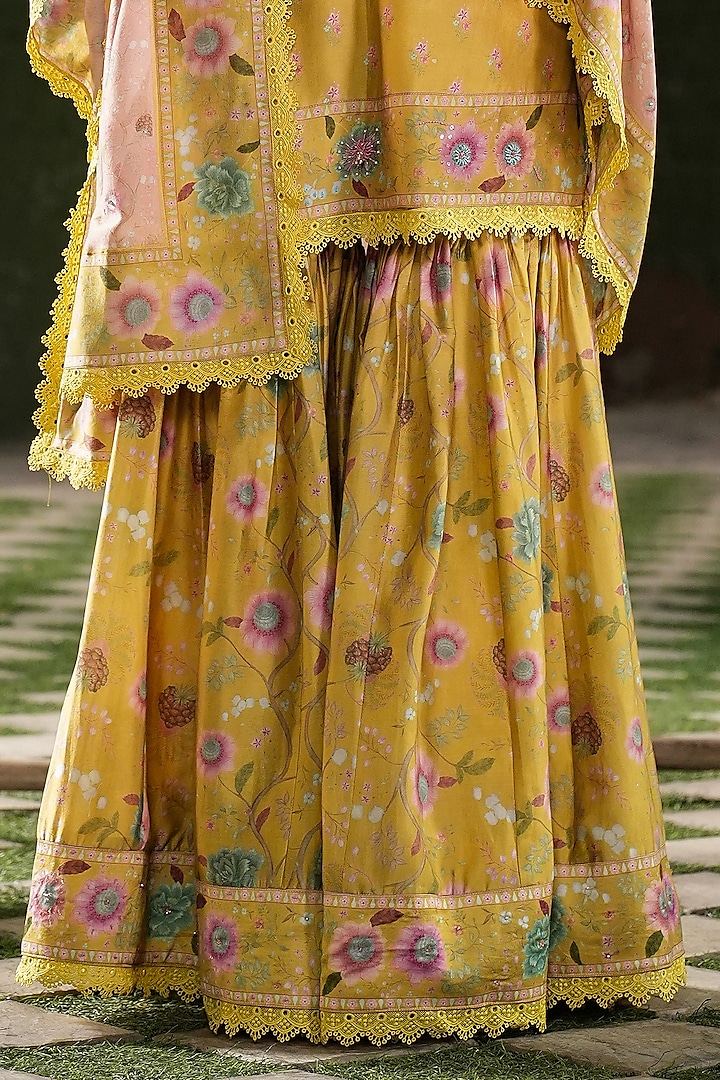 Yellow Silk Chanderi Printed & Embroidered Wedding Sharara Set by Niti Bothra at Pernia's Pop Up Shop