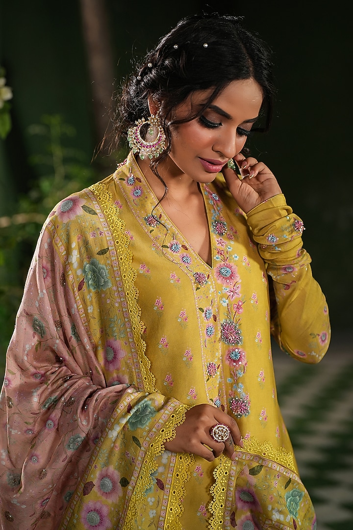 Yellow Silk Chanderi Printed & Embroidered Wedding Sharara Set by Niti Bothra at Pernia's Pop Up Shop