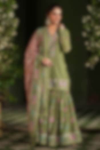 Dark Green Silk Chanderi Printed & Embroidered Sharara Set by Niti Bothra