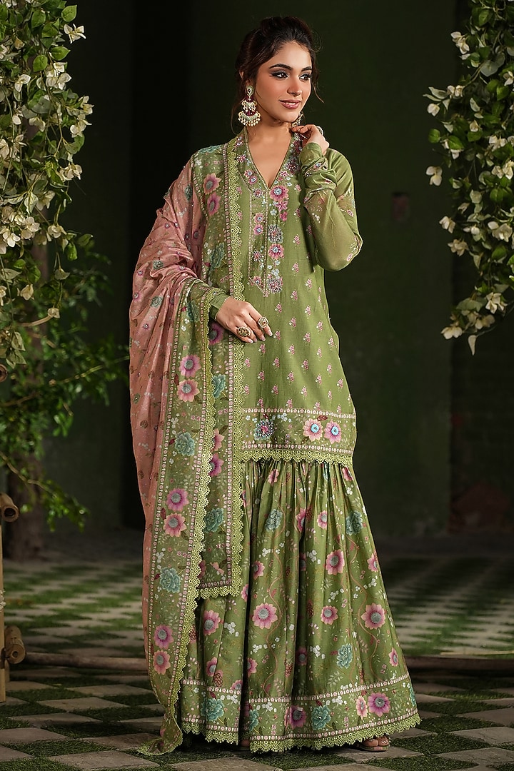 Dark Green Silk Chanderi Printed & Embroidered Wedding Sharara Set by Niti Bothra at Pernia's Pop Up Shop