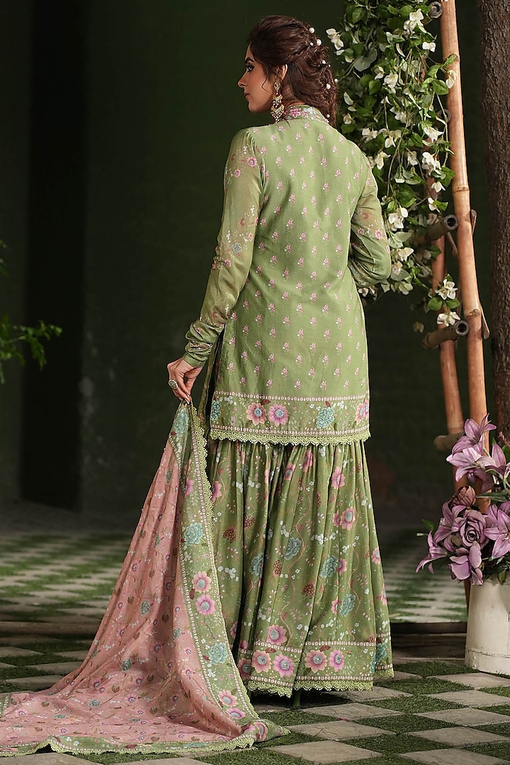 Dark Green Silk Chanderi Printed & Embroidered Wedding Sharara Set by Niti Bothra at Pernia's Pop Up Shop