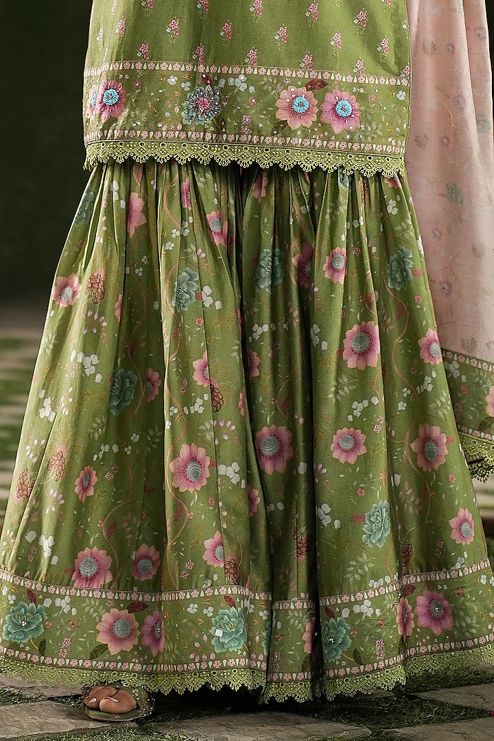 Dark Green Silk Chanderi Printed & Embroidered Wedding Sharara Set by Niti Bothra at Pernia's Pop Up Shop