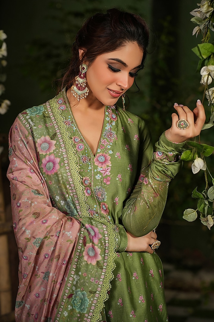 Dark Green Silk Chanderi Printed & Embroidered Wedding Sharara Set by Niti Bothra at Pernia's Pop Up Shop