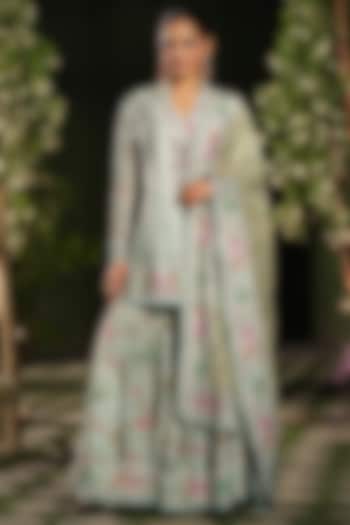 Blue Silk Chanderi Printed & Embroidered Wedding Sharara Set by Niti Bothra at Pernia's Pop Up Shop