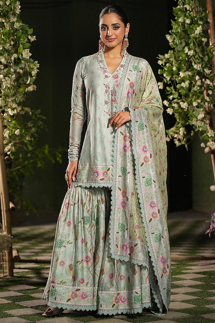 Blue Silk Chanderi Printed & Embroidered Wedding Sharara Set by Niti Bothra at Pernia's Pop Up Shop