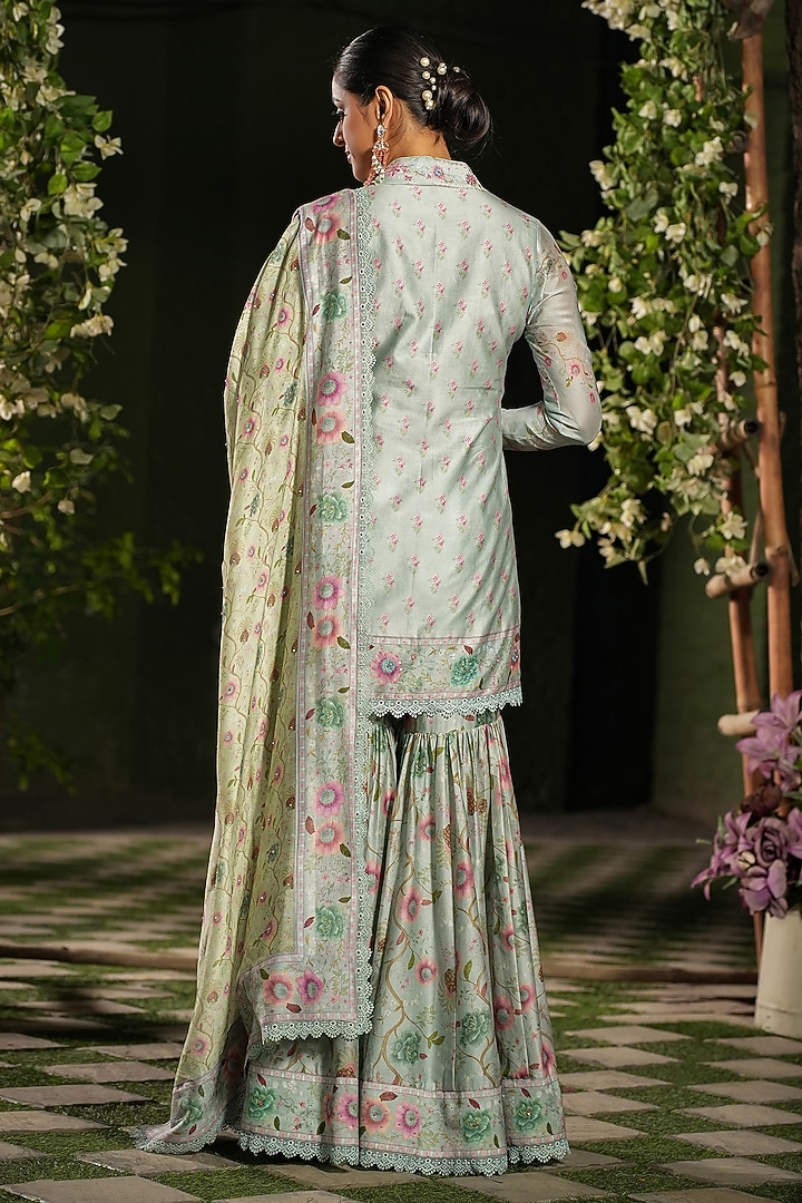 Blue Silk Chanderi Printed & Embroidered Wedding Sharara Set by Niti Bothra at Pernia's Pop Up Shop