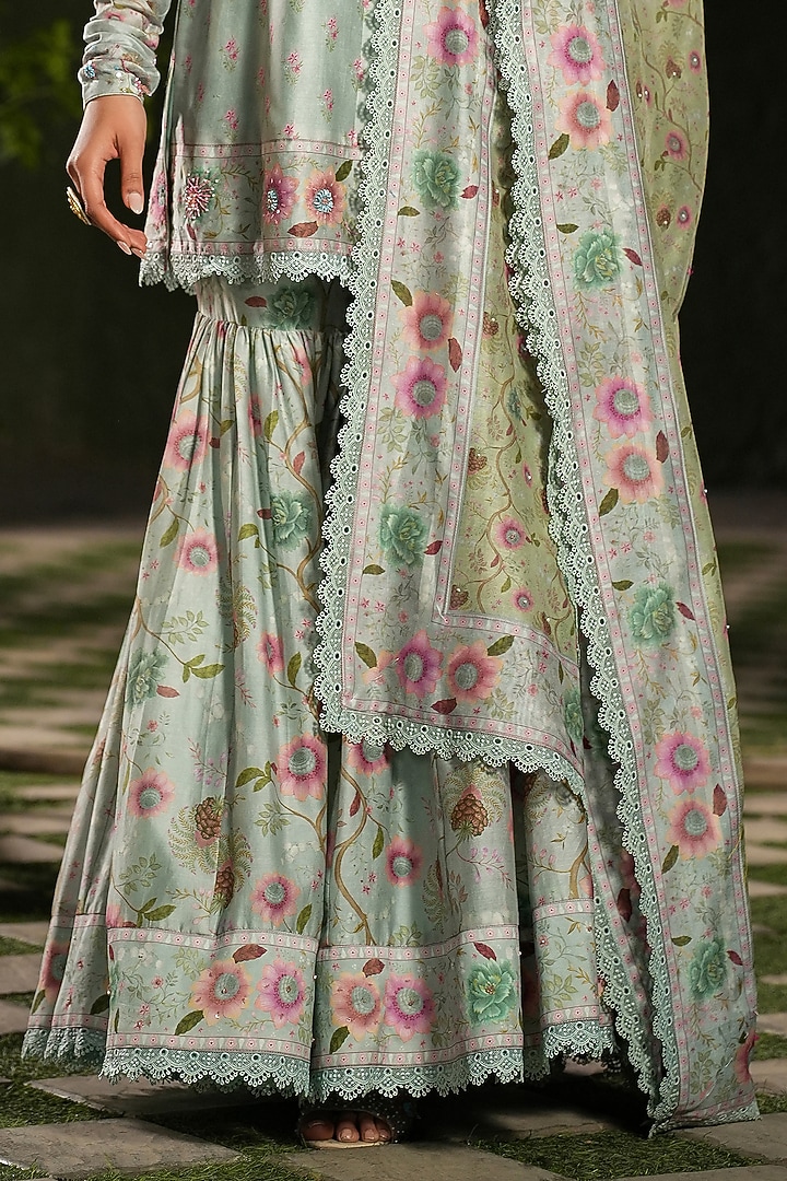 Blue Silk Chanderi Printed & Embroidered Wedding Sharara Set by Niti Bothra at Pernia's Pop Up Shop